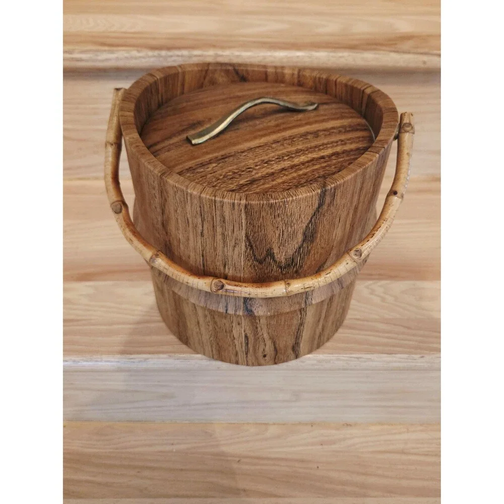 Vintage MCM Kraftware Faux Wood Ice Bucket with Bamboo Handle Made in USA